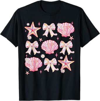 Pink Summer Coquette Bow Clam Summer Vibes Beach Vacation T-Shirt