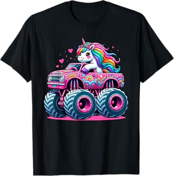 Funny Cute Unicorn Riding A Pink Monster Truck T-Shirt