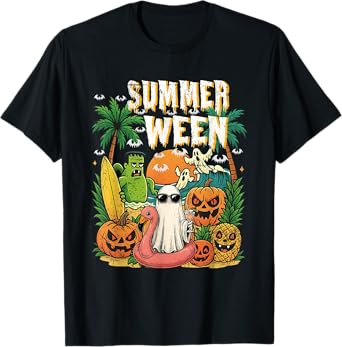 Summerween Ghost Beach Flamingo Halloween Summer T-Shirt