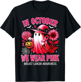 In October We Wear Pink Halloween Shirt Ghost Breast Cancer T-Shirt