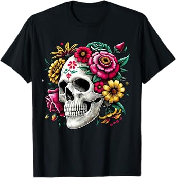 Floral Skull Flowers Dia De Los Muertos Mexico Sugar Skull T-Shirt