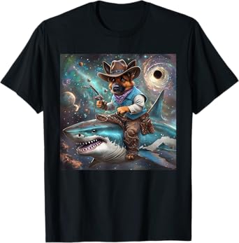 German Shepherd Riding Shark Rainbow Galaxy Raccoon Shark T-Shirt