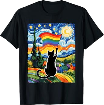 Gay Pride Cat Art Cat Starry Night Style Lgbtq Pride Support T-Shirt for Men Women Kids