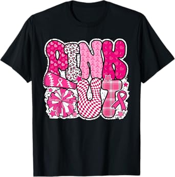 Pink Out Cheer Football Pink Ribbon Breast Cancer Awareness T-Shirt