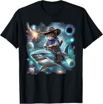 Cat Riding Shark Rainbow Galaxy Cat Cowboy Shark Humor T-Shirt