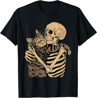 Funny Skeleton Hugging Cat Halloween Cat Lover Men Women Kid T-Shirt