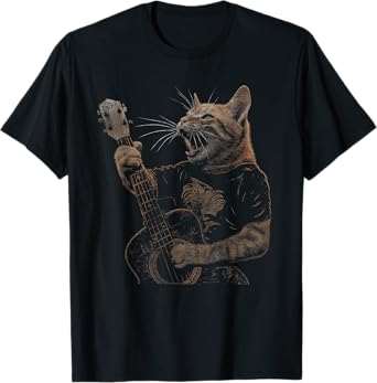 Funny Cat Guitar - Rock and Roll Music Band Concert Vintage T-Shirt for Men Women Kids