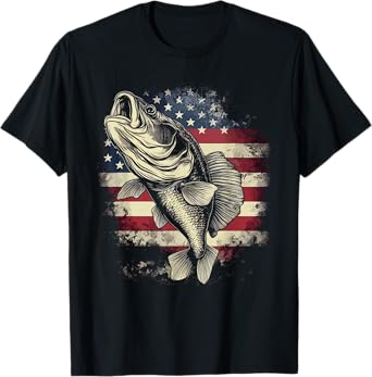 Patriotic Fishing 4th of July Men American Flag Bass Fishing T-Shirt