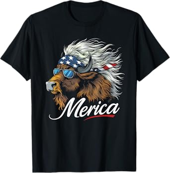 Merica Buffalo Bison Patriotic USA 4th of July American Flag T-Shirt