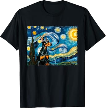 Painting Doberman Pinscher Starry Night Cute Dog Lover T-Shirt