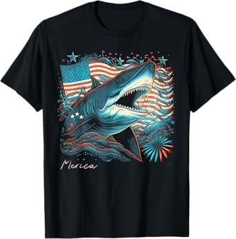 Shark Funny 4th of July American Flag Patriotic America USA T-Shirt for Women Kids Men