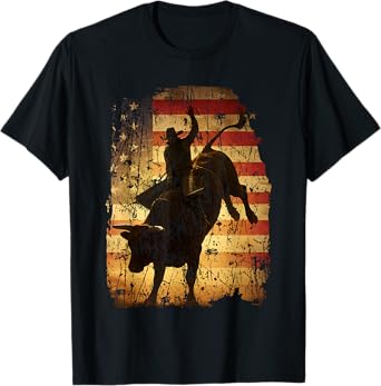 Rodeo Bull Rider Retro Western Patriotic Cowboy USA Flag T-Shirt
