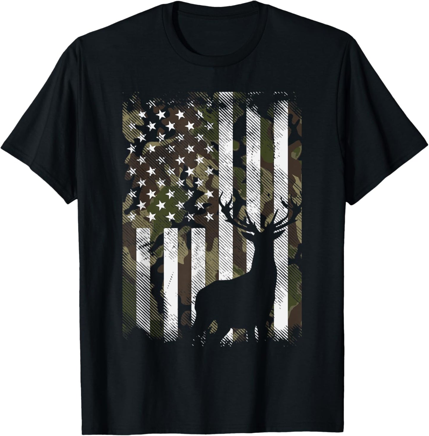 Camo US Flag Deer Elk Buck Camoflage Hunting Hunter Dad Gift Short Sleeve T-Shirt