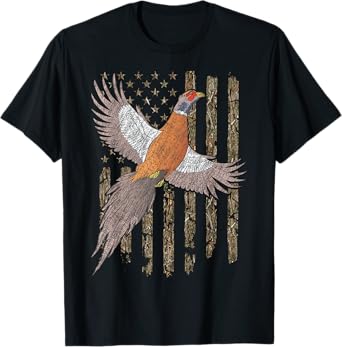 Pheasant Bird Hunting Usa American Flag Tree Camouflage T-Shirt