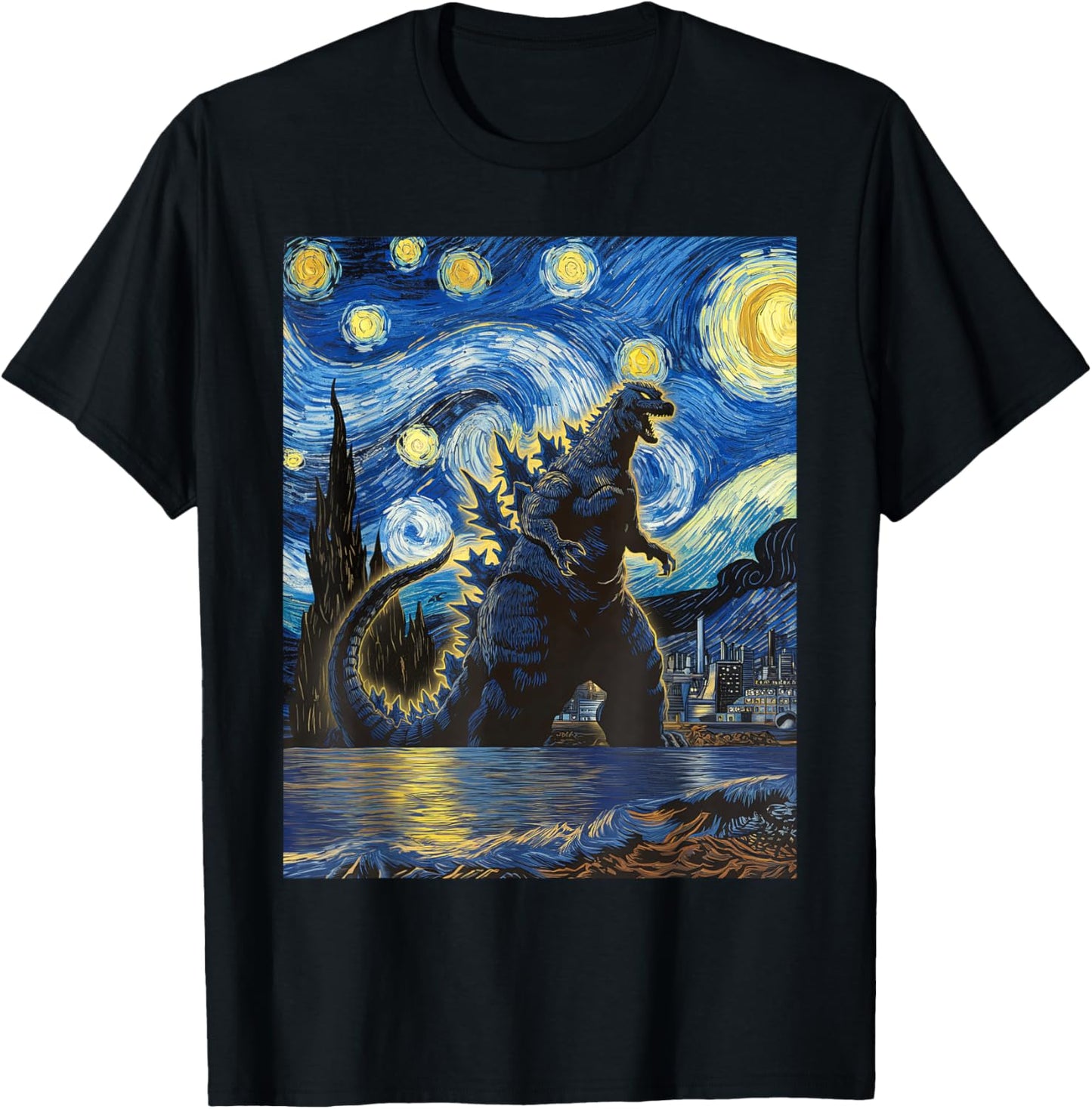 Vintage Japanese Monster Kaiju in Van Gogh Starry Night Art T-Shirt