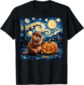 Beaver Pumpkin Van Gogh's The Starry Night Halloween Design T-Shirt