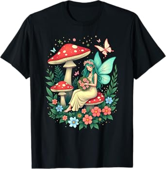 Fairy In Woodland Mushroom Fungi Flowers Butterflies T-Shirt