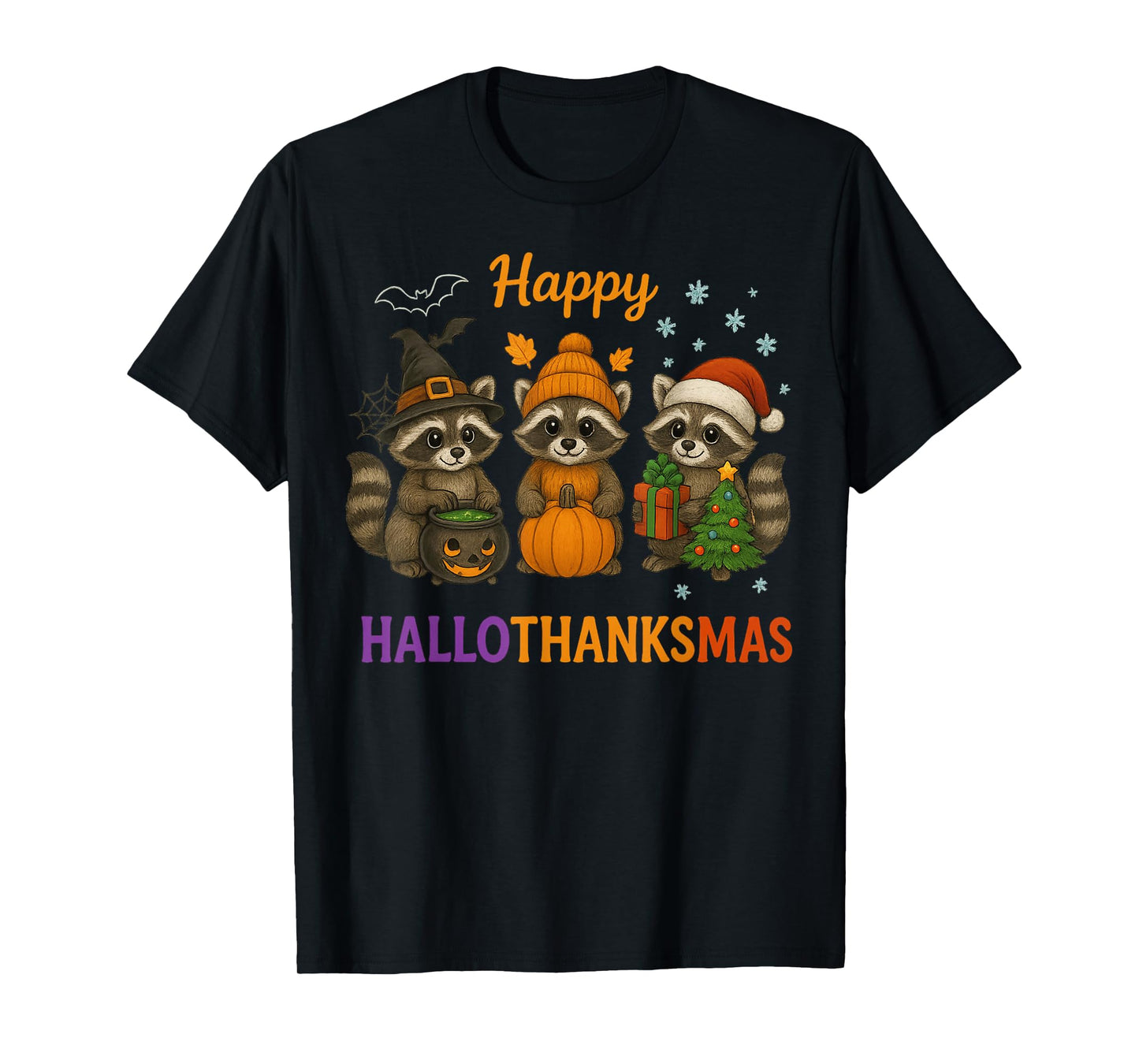Happy Hallothanksmas Raccoon Halloween Christmas T-Shirt