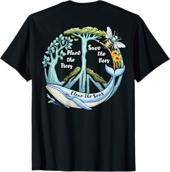 On Back Plant the Trees Save the Bees Peace Sign Earth Day T-Shirt