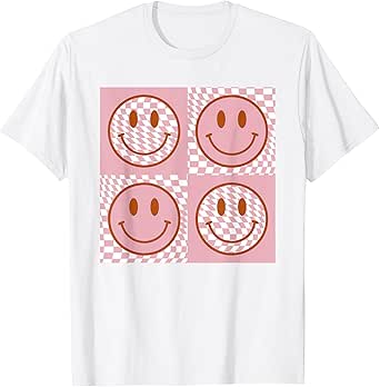 Checkered Pattern Happy Face Shirt Retro Pink Smile Face T-Shirt