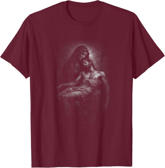 Pieta Mary Holding Jesus Christ Body T-Shirt - T-Shirt | Maroon