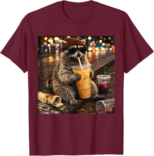 Raccoon Drinking Iced Coffee Funny Animal Meme Men Women T-Shirt - T-Shirt | Maroon
