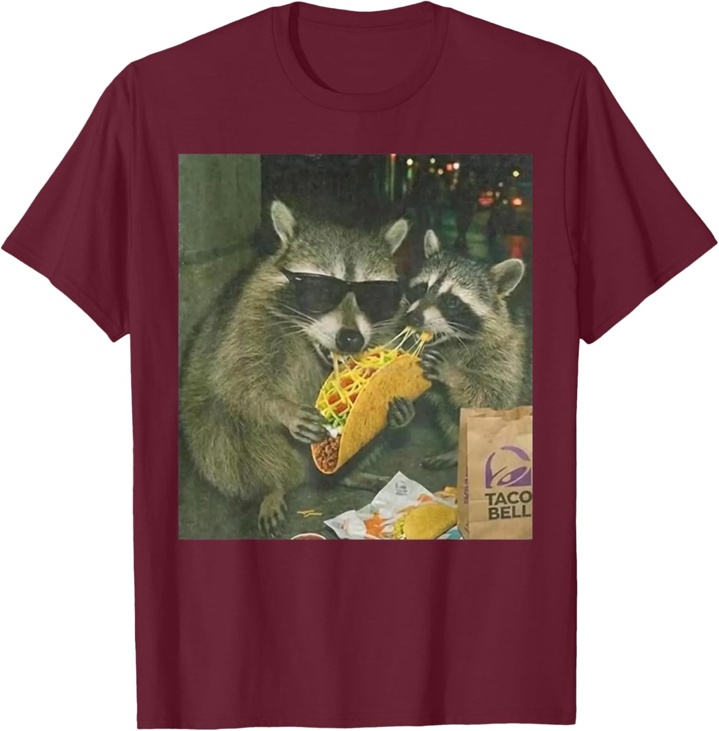 Funny Vintage Raccoon Eating Tacos Meme Humor Men Women T-Shirt T-Shirt - T-Shirt | Maroon