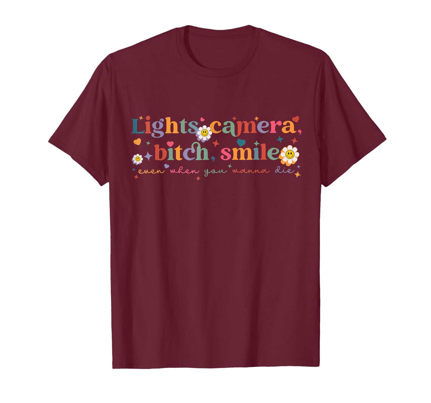 Funny Lights Camera Bit-Ch Smile Tee Retro Girls Women T-Shirt