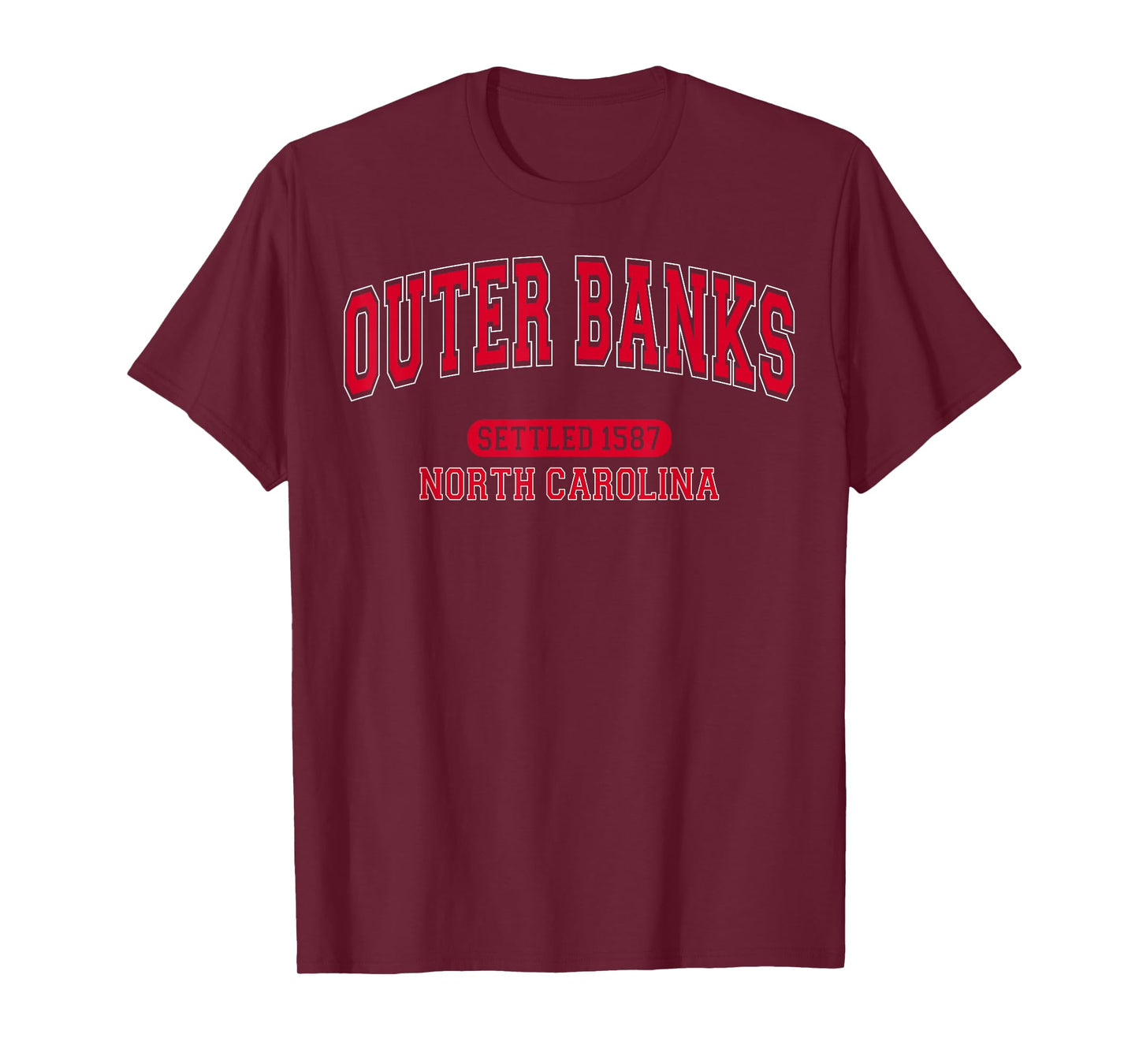 Outer Banks North Carolina Settled 1587 Arched Varsity Red T-Shirt