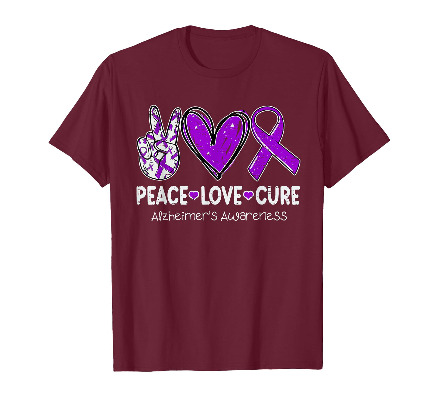 Peace Love Cure Alzheimer's Awareness Ribbon Purple Dementia T-Shirt