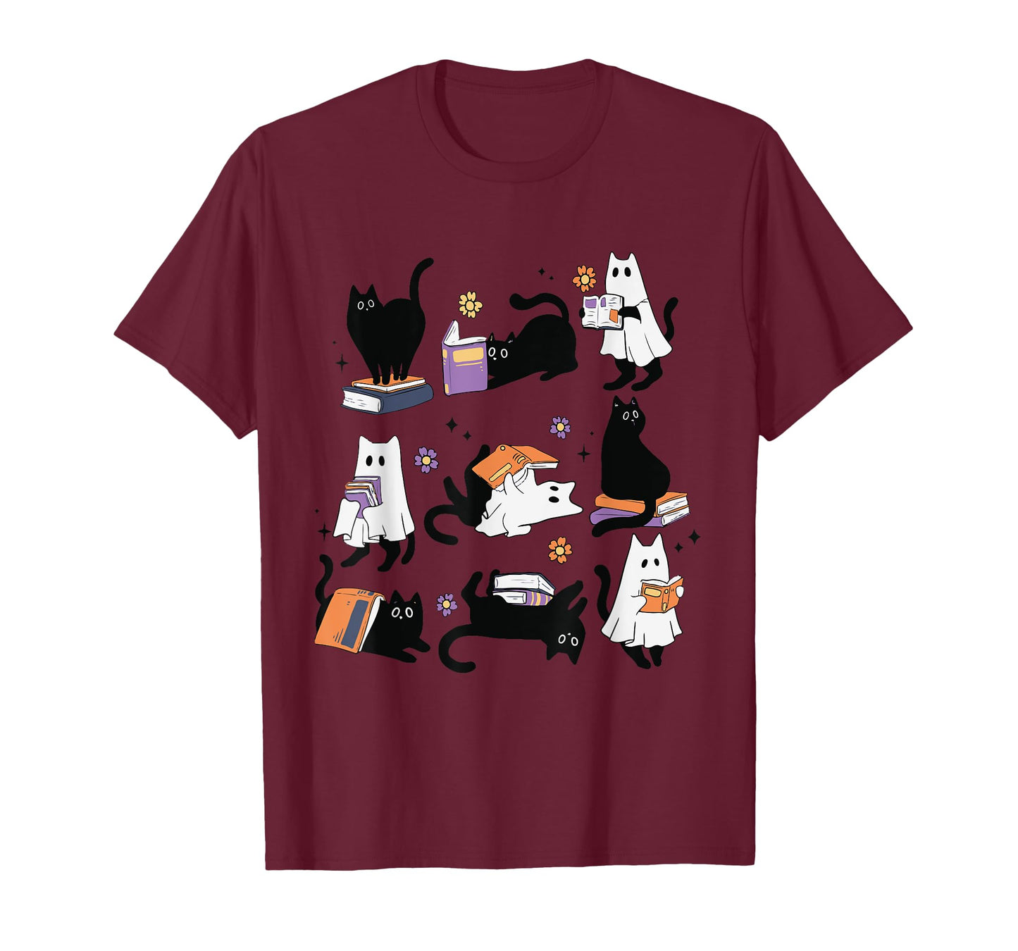 Halloween Ghost Black Cat Reading Book Costume T-Shirt for Men Women Kids