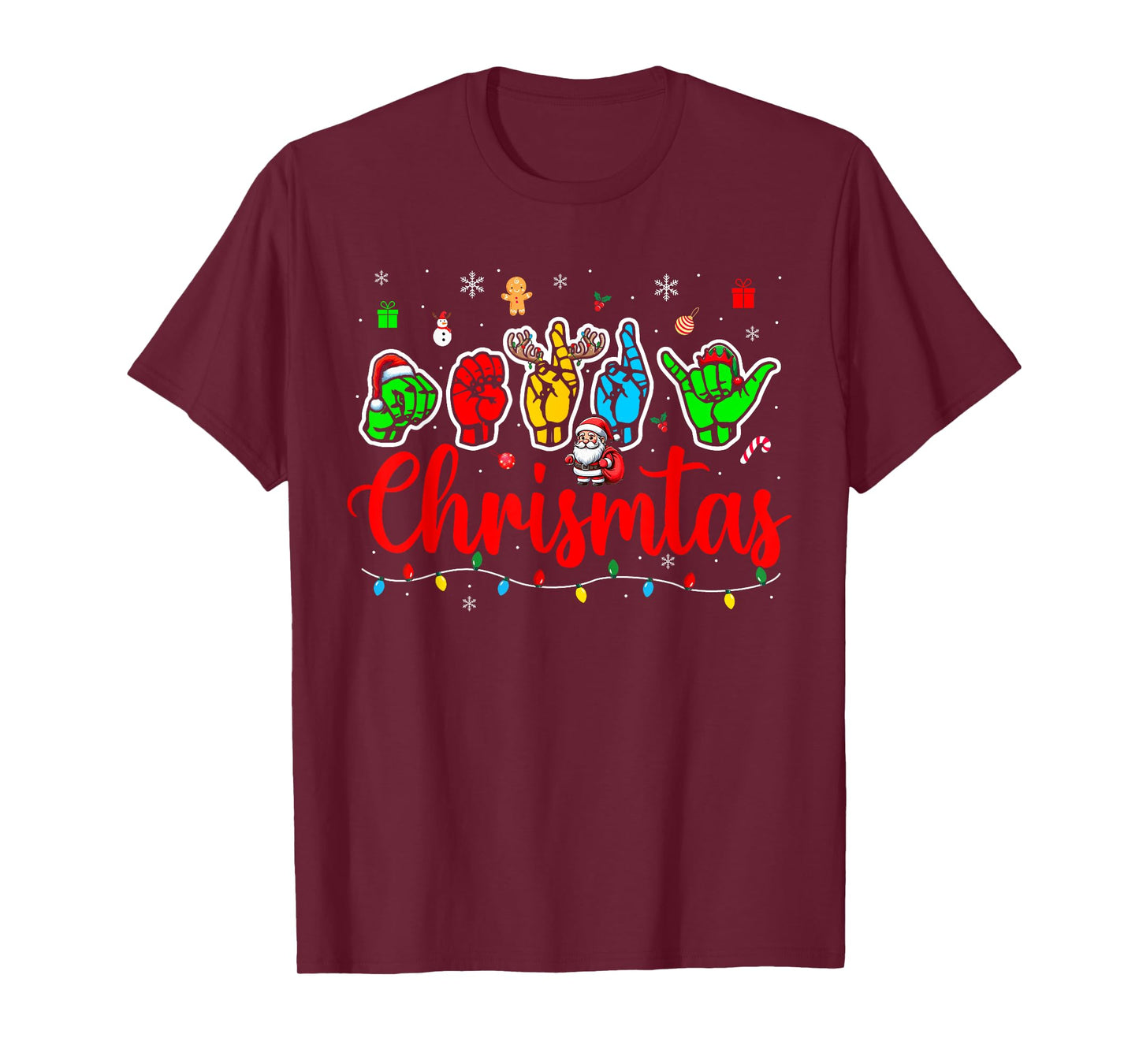 Merry Christmas ASL Hand Sign Language Colorful Santa Lover T-Shirt
