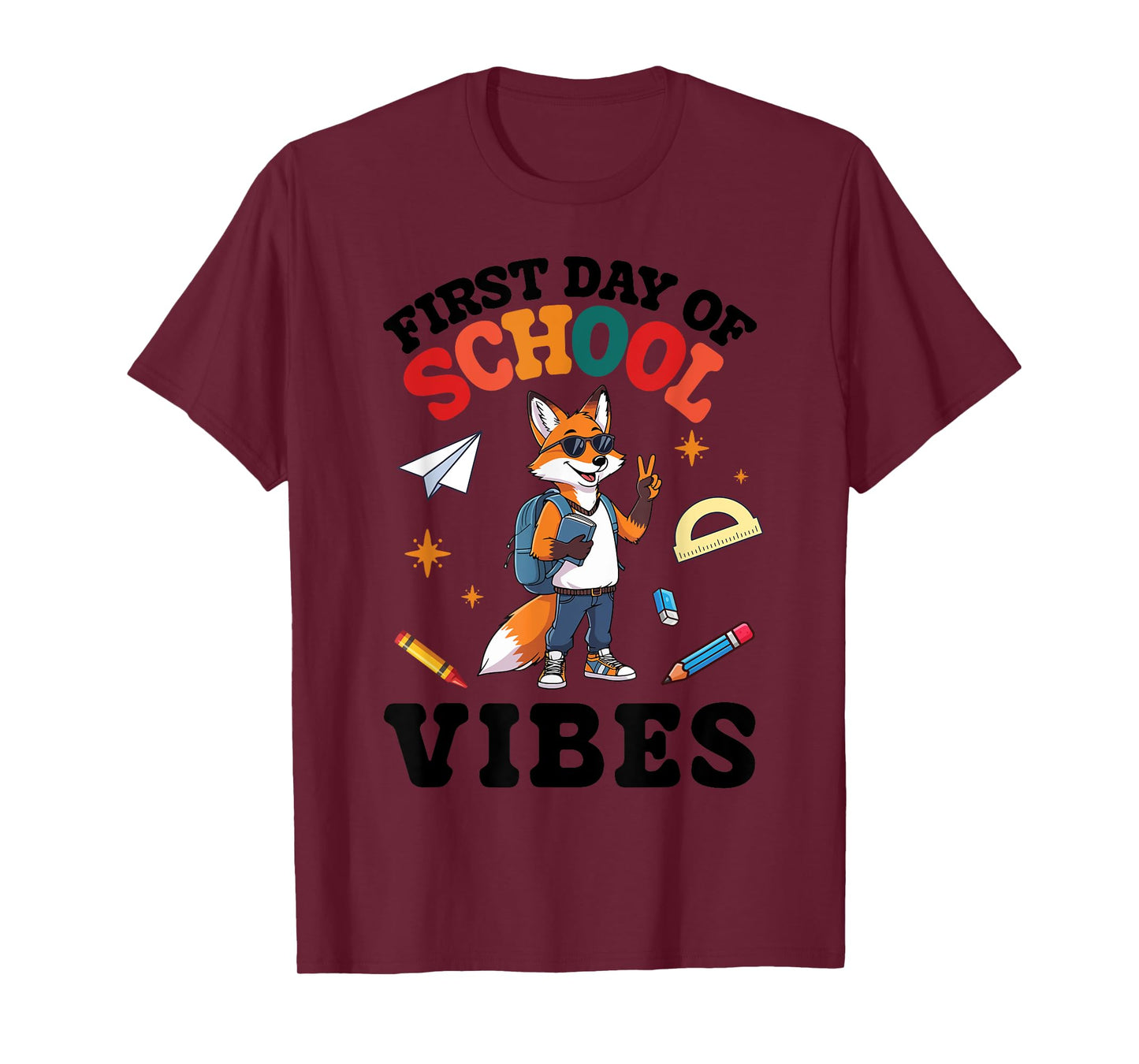 Fox Student With Peace Sign Books First Day Of School Vibes T-Shirt