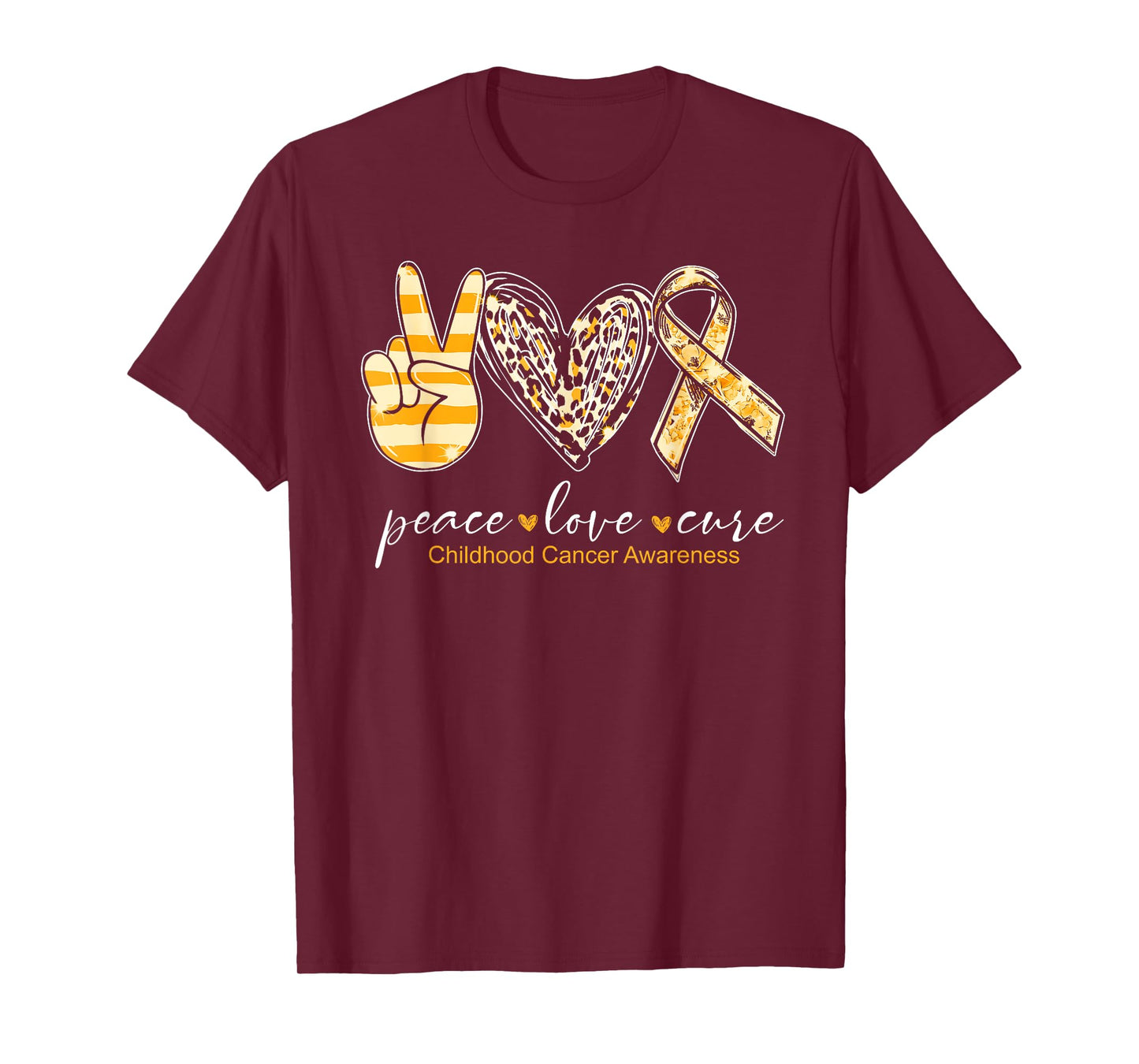 Peace Love Cure Gold Heart Ribbon Childhood Cancer Awareness T-Shirt