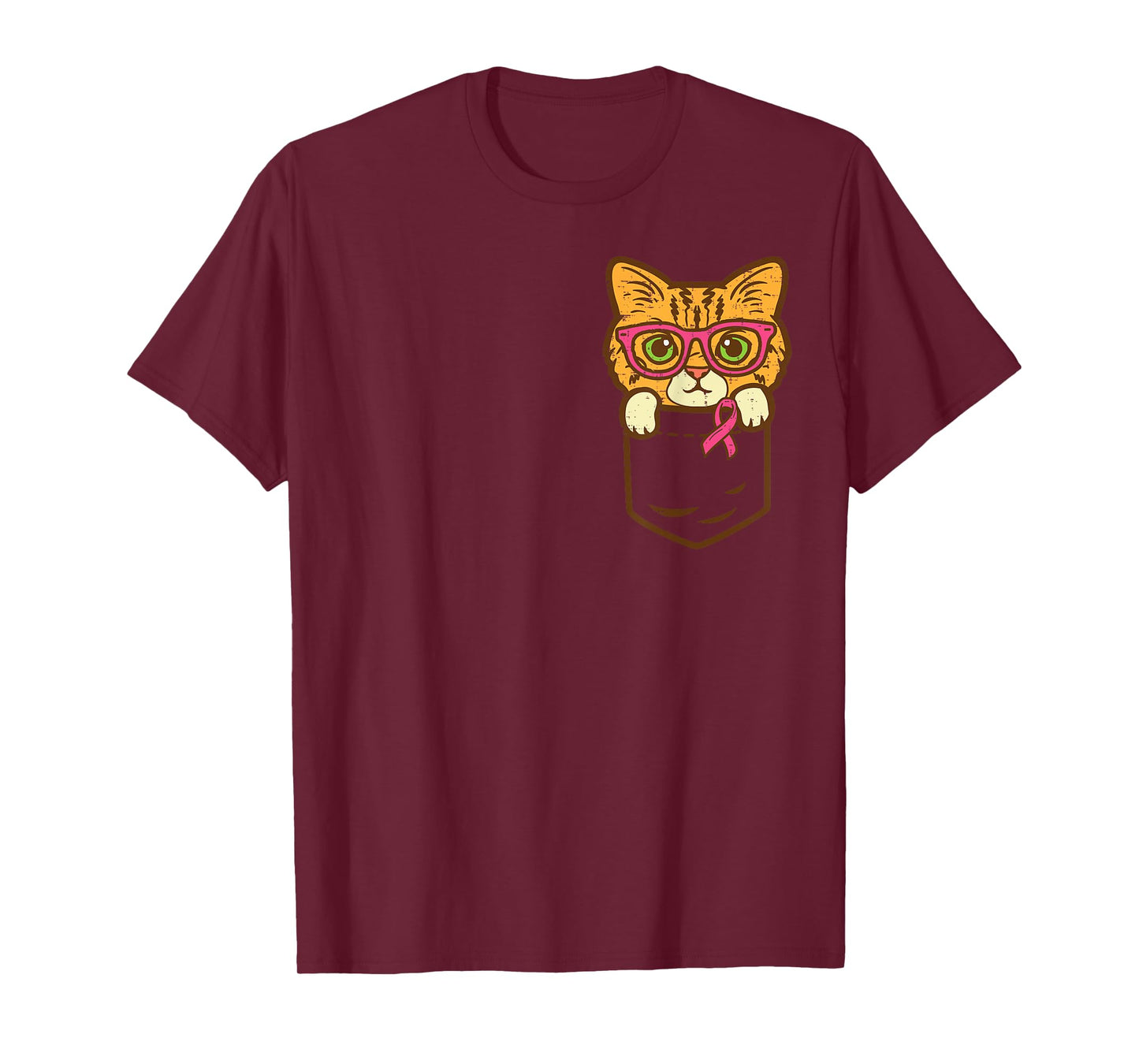 Pocket Cat Ribbon Breast Cancer Awareness Men Women Kids T-Shirt