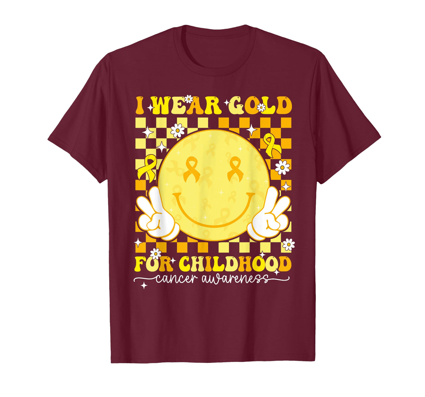 I Wear Gold Childhood Cancer Awareness Ribbon Groovy Retro T-Shirt