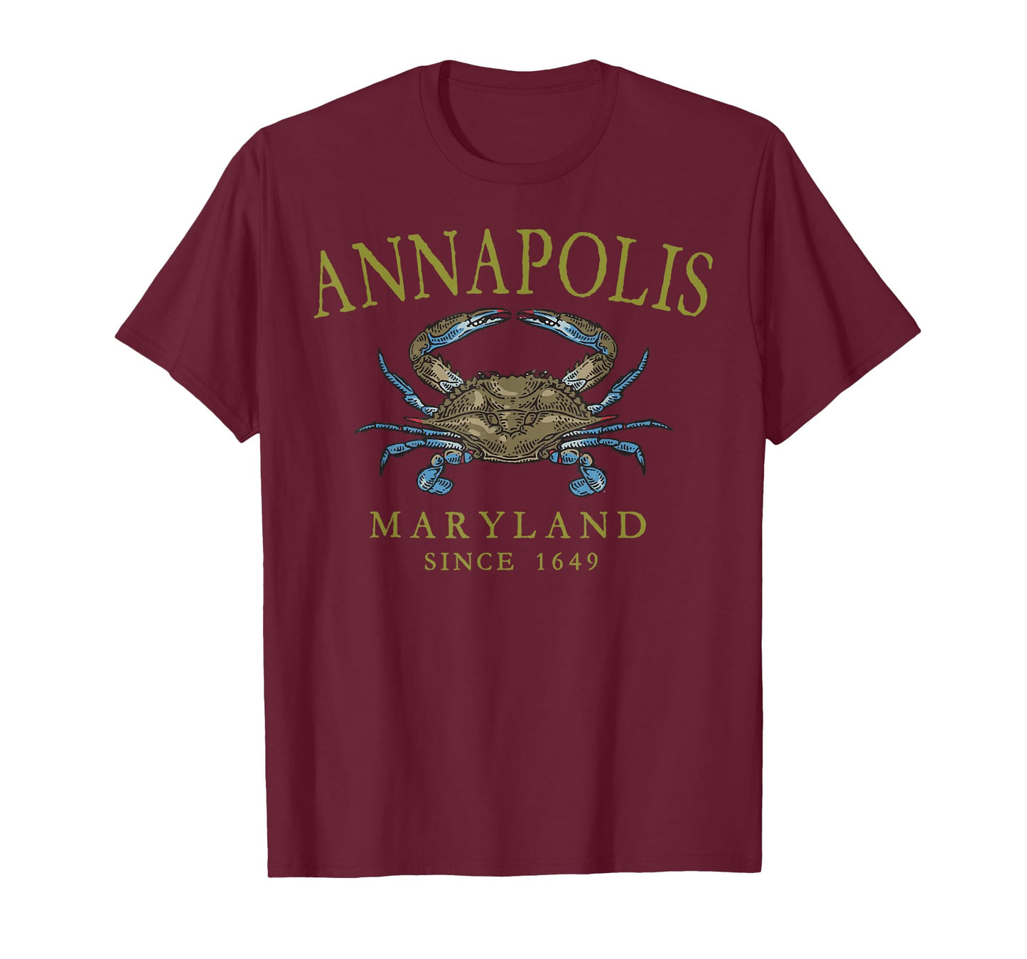 Annapolis Maryland Blue Crab Since 1649 Arched Olive Letters T-Shirt
