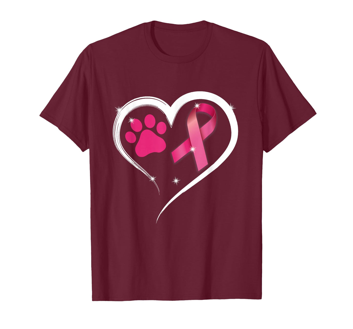 Heart Dog Paw Print Pink Ribbon Breast Cancer Awareness T-Shirt