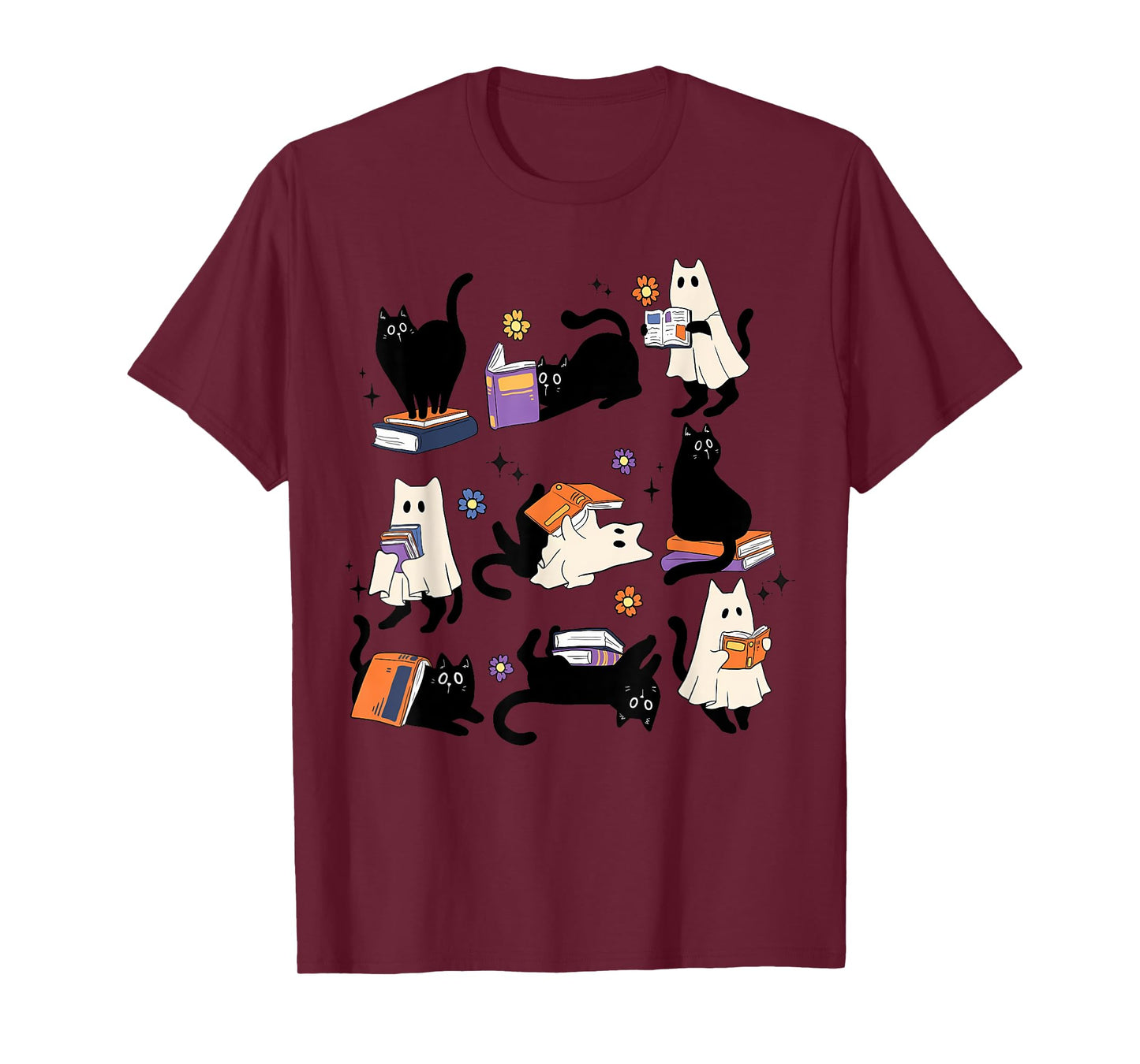 Cute Ghost Cat Reading Books Lover Bookish Halloween Spooky T-Shirt
