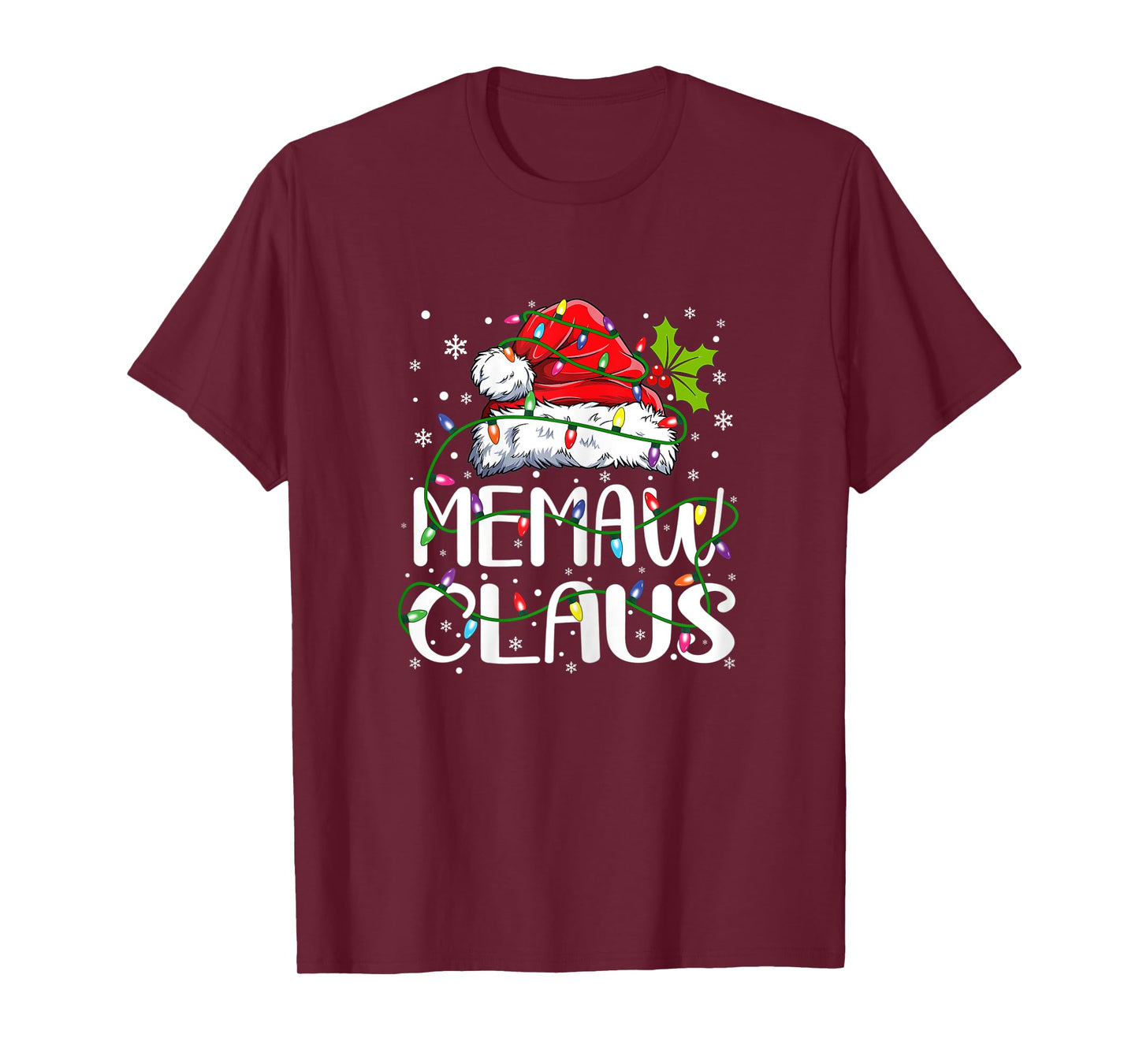 Womens Memaw Claus Christmas Santa Hat Matching Family Xmas Lights T-Shirt