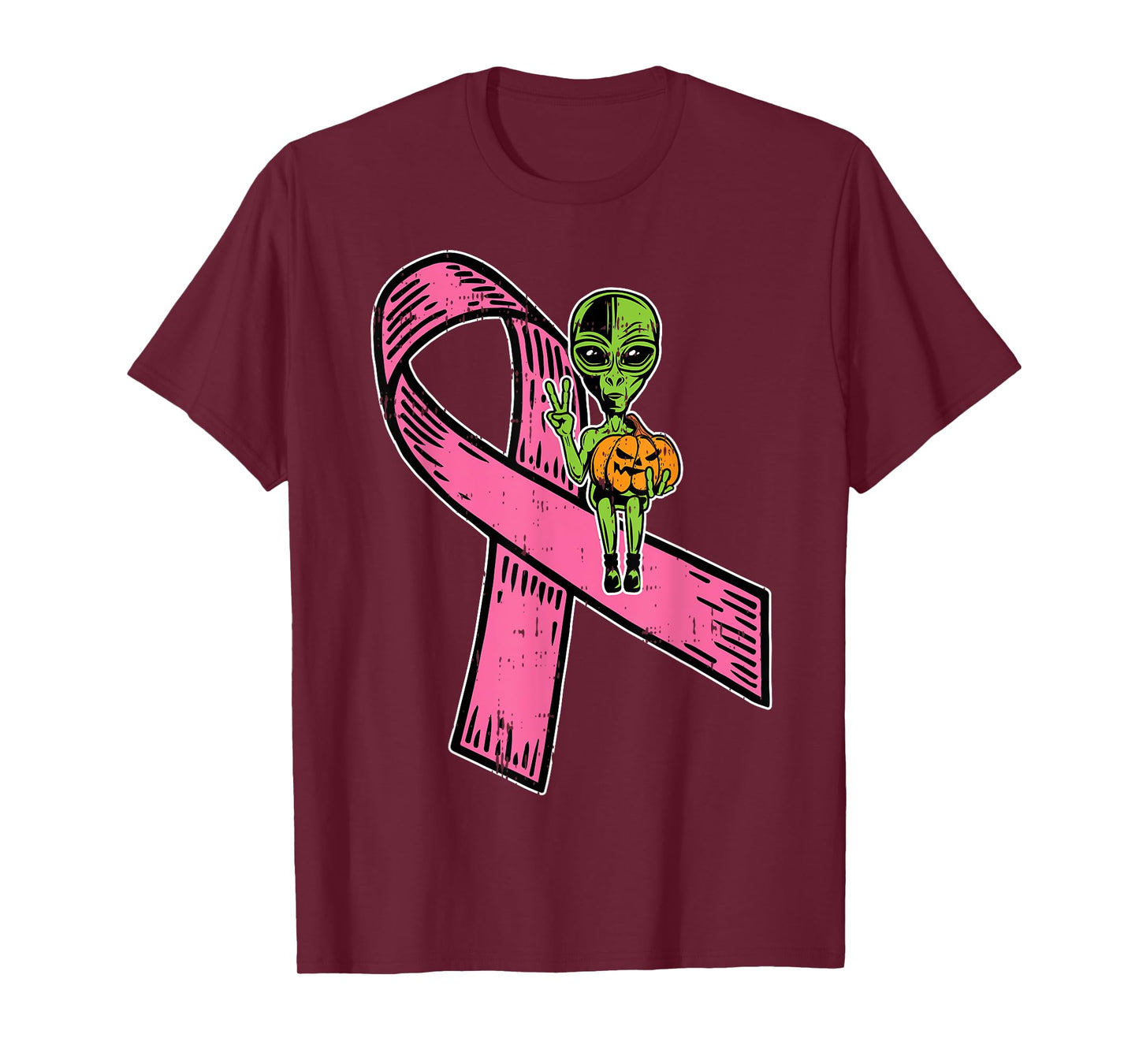 Pink Ribbon Alien Pumpkin Cool Halloween Breast Cancer Gifts T-Shirt