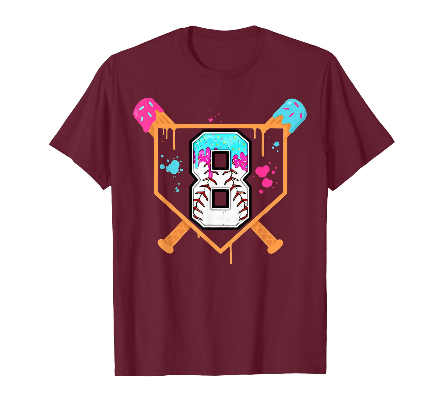 Baseball 8th Birthday Ice Cream Drip 8 Year Old Birthday Boy T-Shirt