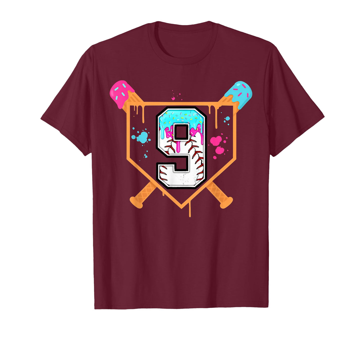 Baseball 9th Birthday Ice Cream Drip 9 Year Old Birthday Boy T-Shirt