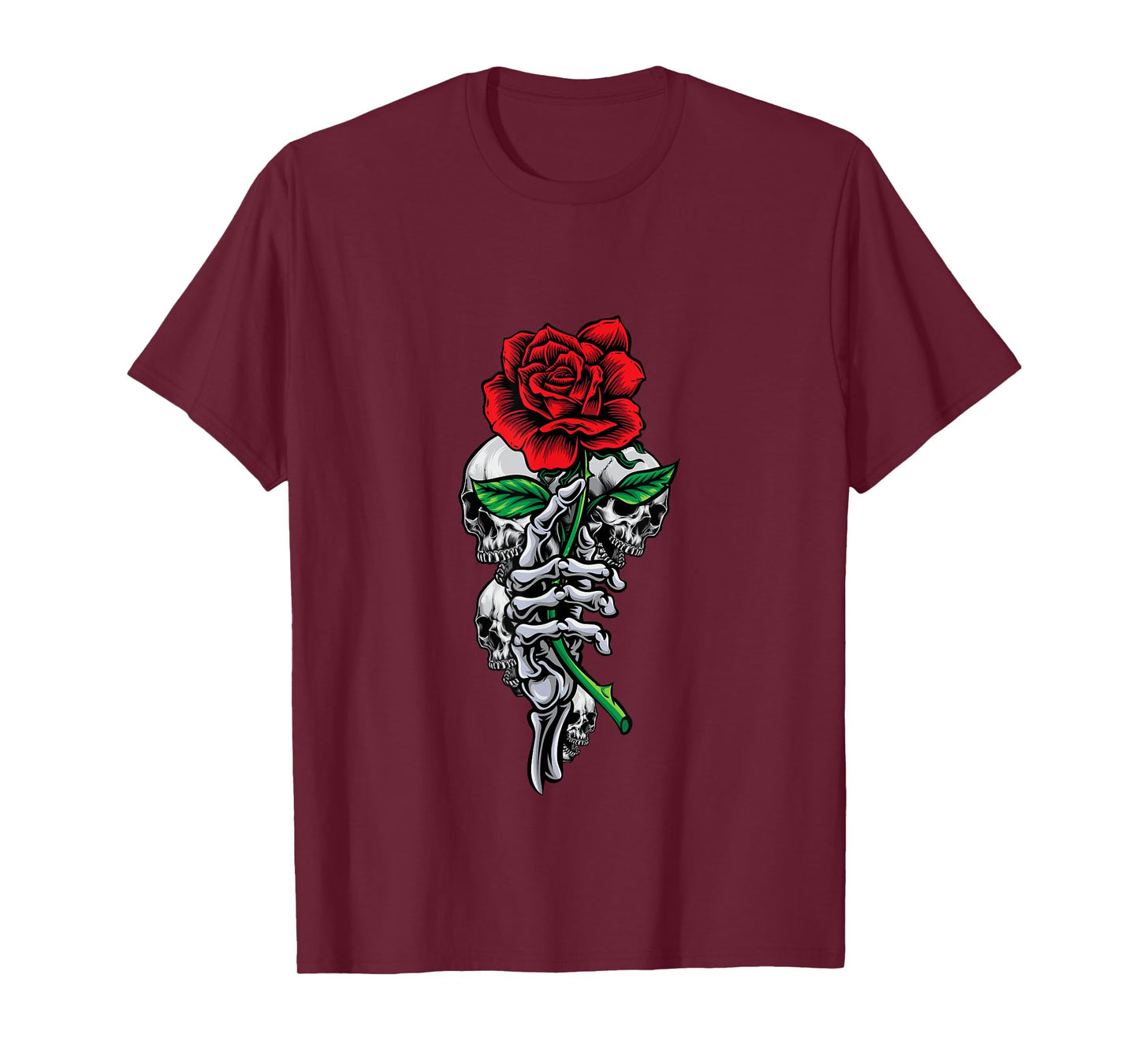 Skeleton Hand Red And Beautiful Rose Flower And Skulls Art T-Shirt