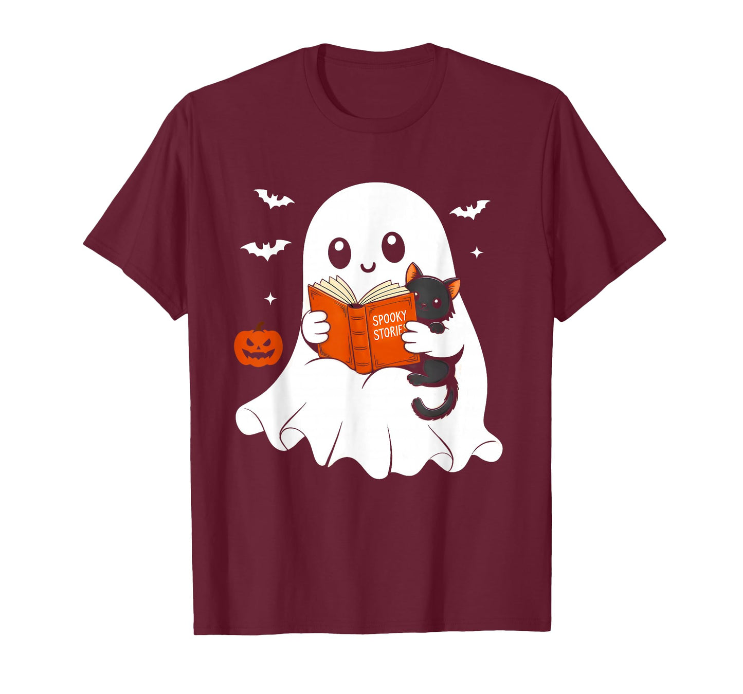 Ghost Reading Book Black Cat Halloween Costume Men Women T-Shirt