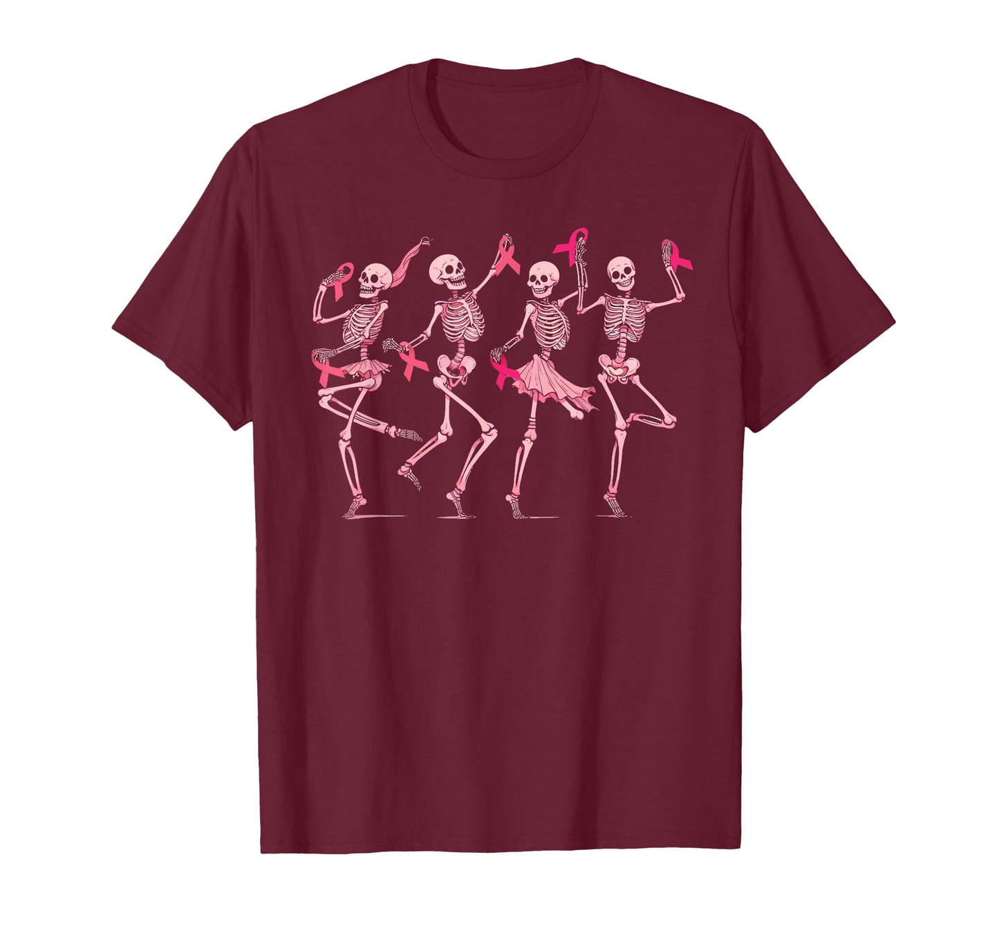 Skeleton Dancing Pink Ribbon Breast Cancer Awareness Support T-Shirt