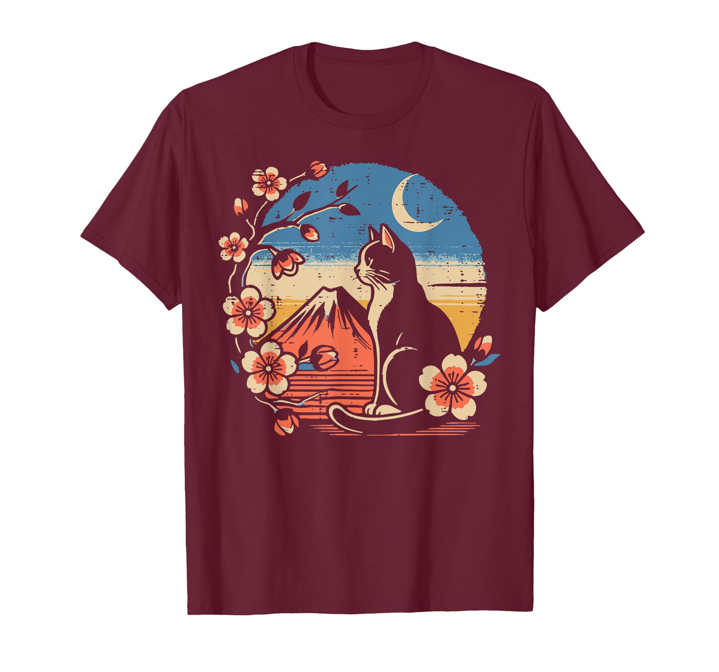 Japanese Tuxedo Cat Cherry Blossoms Retro Art Men Women Kids T-Shirt