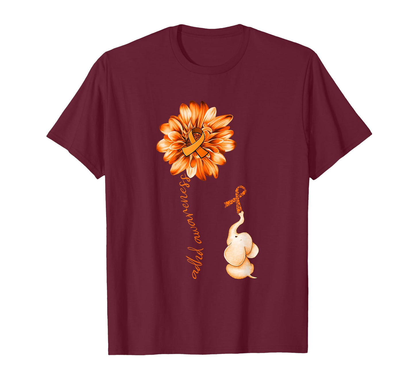 Elephant Sunflower Orange Ribbon ADHD Awareness T-Shirt