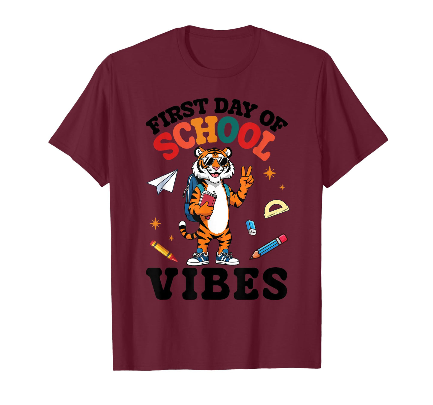Tiger Student & Peace Sign Books First Day Of School Vibes T-Shirt