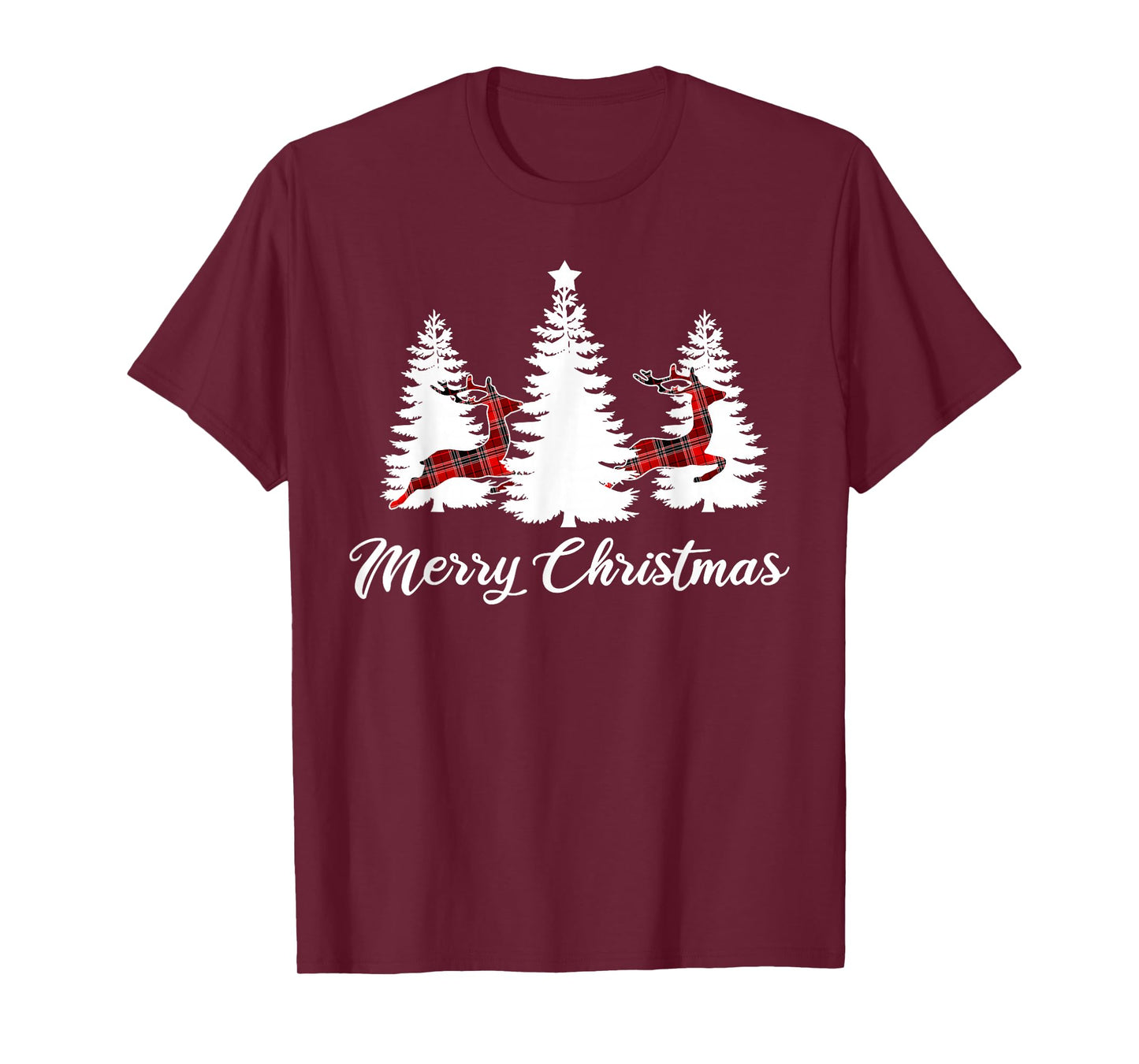 Merry Christmas Shirt for Women Buffalo Plaid Reindeer Tree T-Shirt